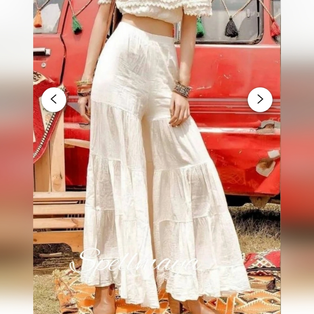 NWOT Beautiful White Tiered Bohemian Raw Cotton Wide Leg Pants size Large